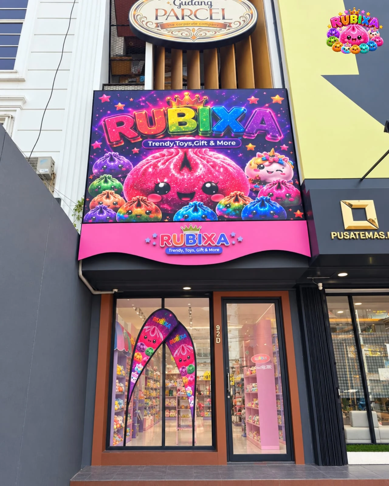 Fasad Toko Rubixa – Storefront Colorful & Dumpling Mascot